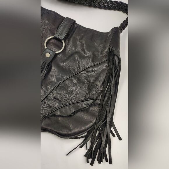 J J Winters Black Fringe Leather Boho Bag Vintage - Picture 3 of 16